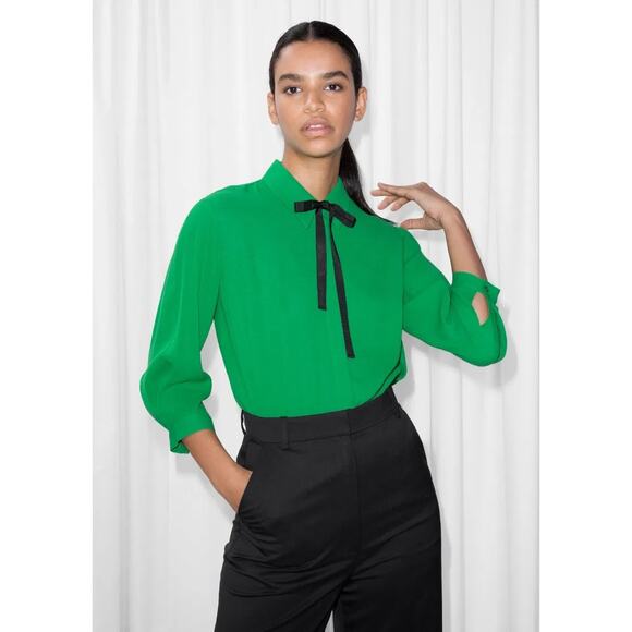 & Other Stories Green Bow Tie Button Down Collar Long Sleeve Shirt Blouse Top 2 - Picture 1 of 9